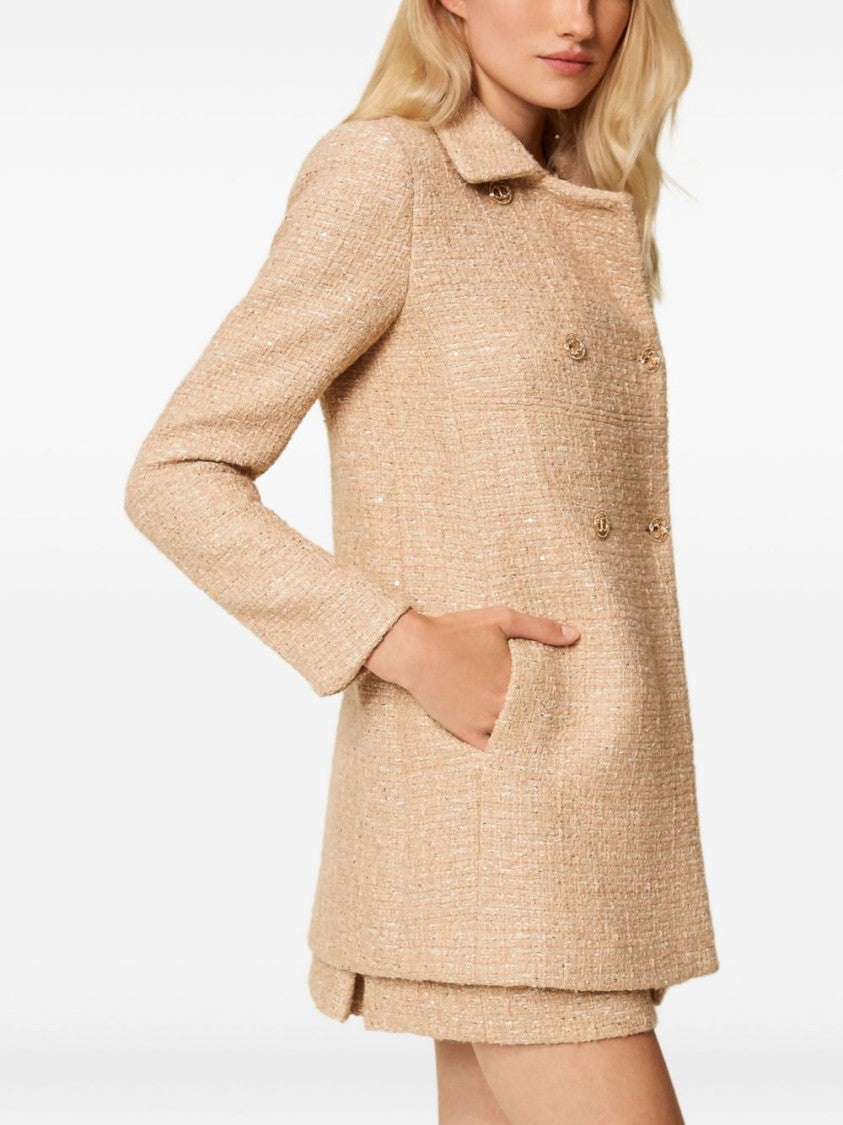 Twin-Set Textured Beige Double-Breasted Coat