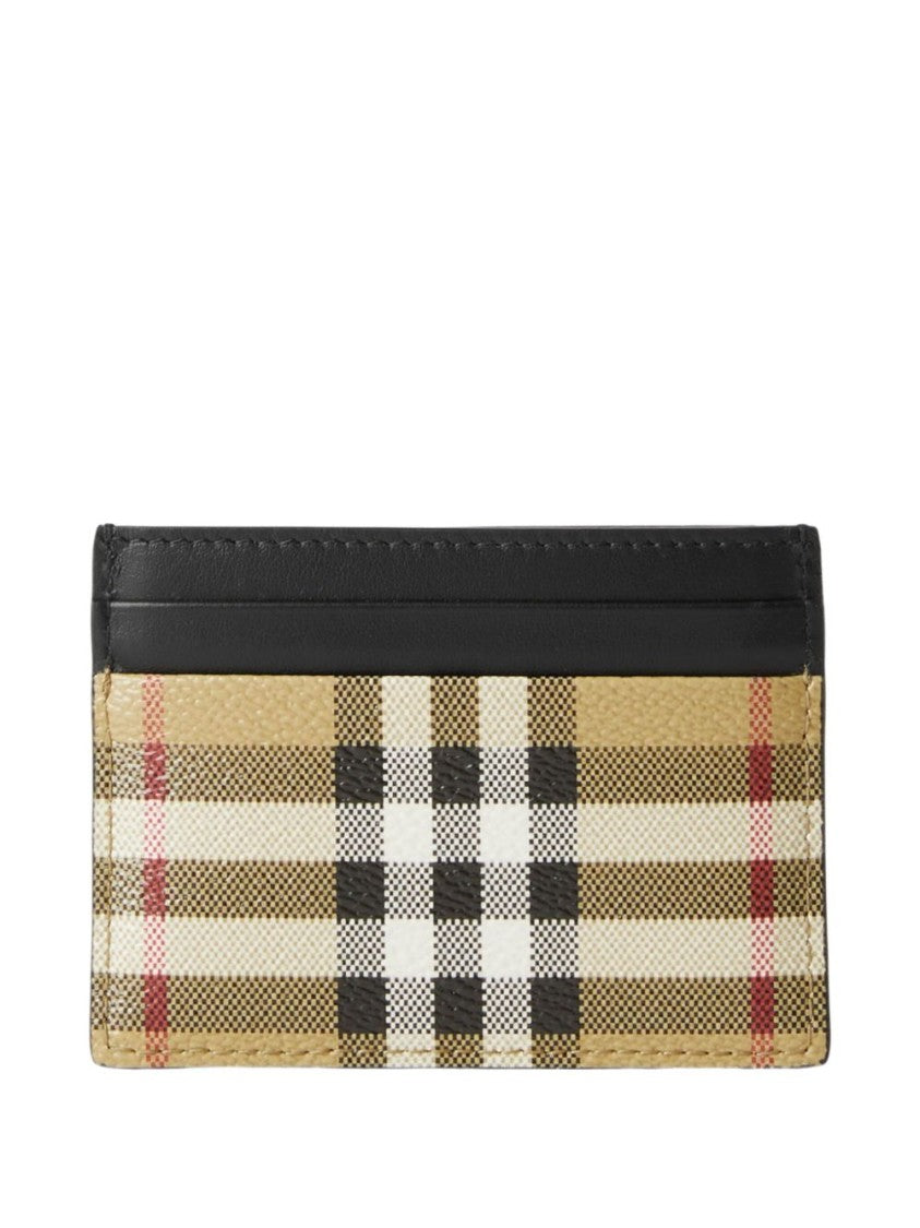 Burberry Beige Check Card Holder With Brown Leather Trim