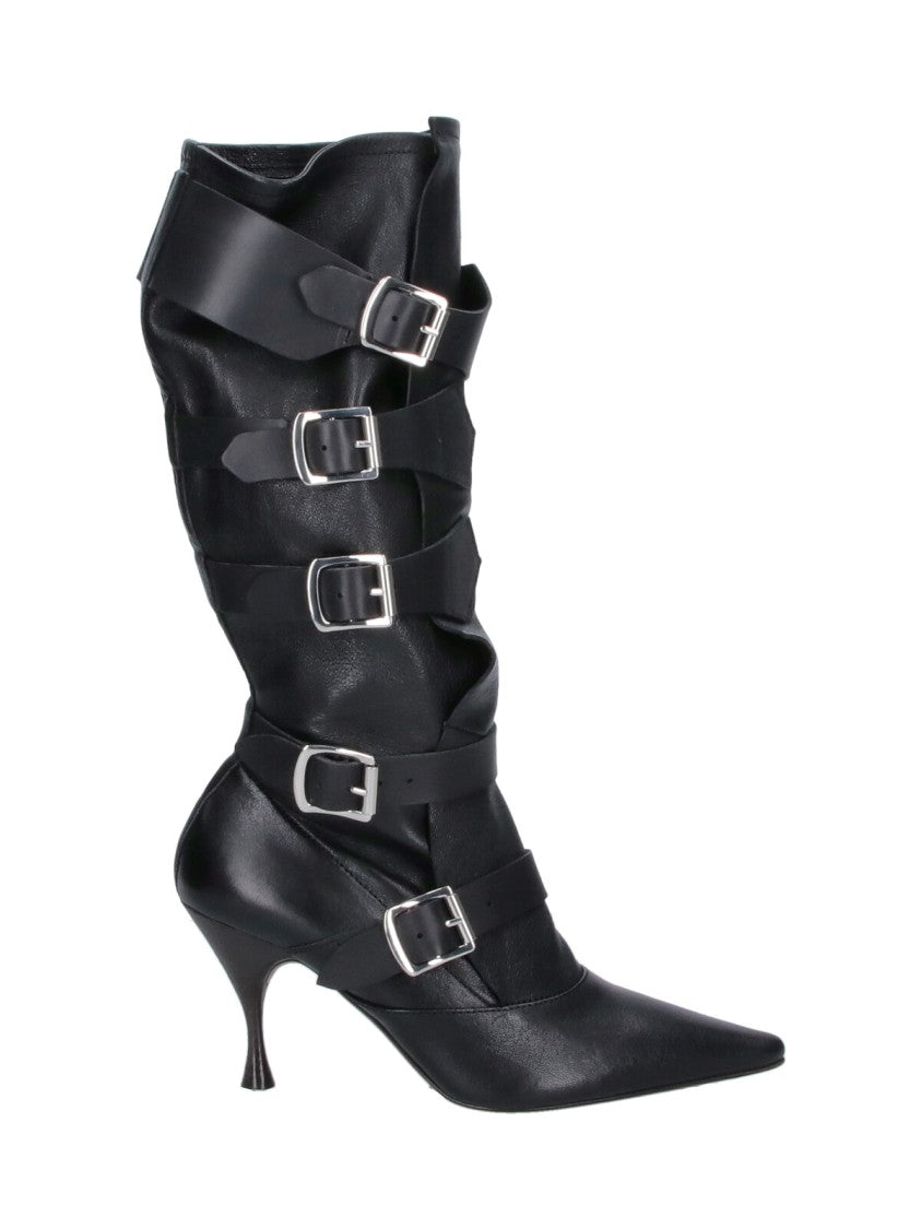 Vivienne Westwood Pointed-Toe Mid-Calf Boots With Silver Buckle Straps
