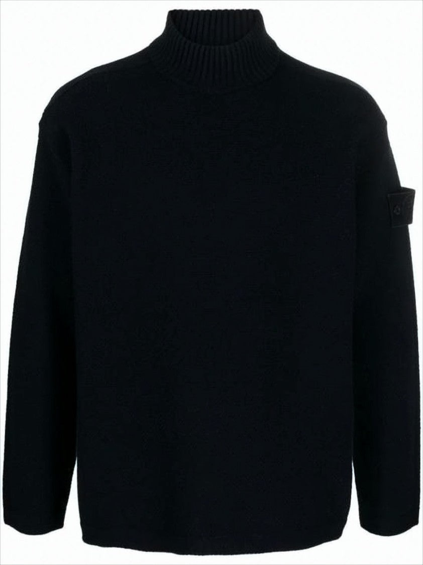 Stone Island Ribbed Black Wool Turtleneck Sweater