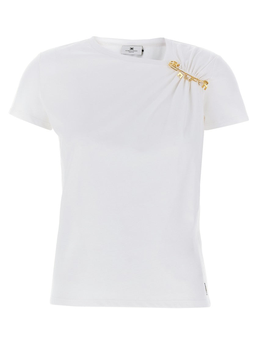 Elisabetta Franchi Asymmetric Neckline T-Shirt With Gold Brooch Accents