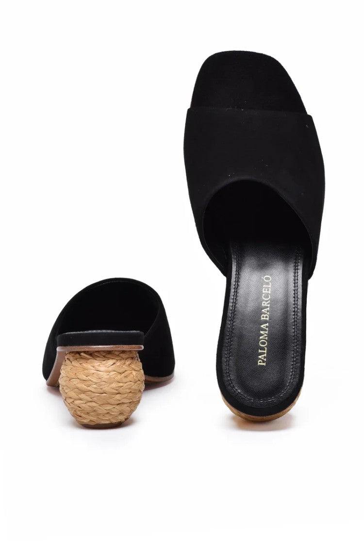 Paloma Barceló Suede Mules Rafia Heel - Black