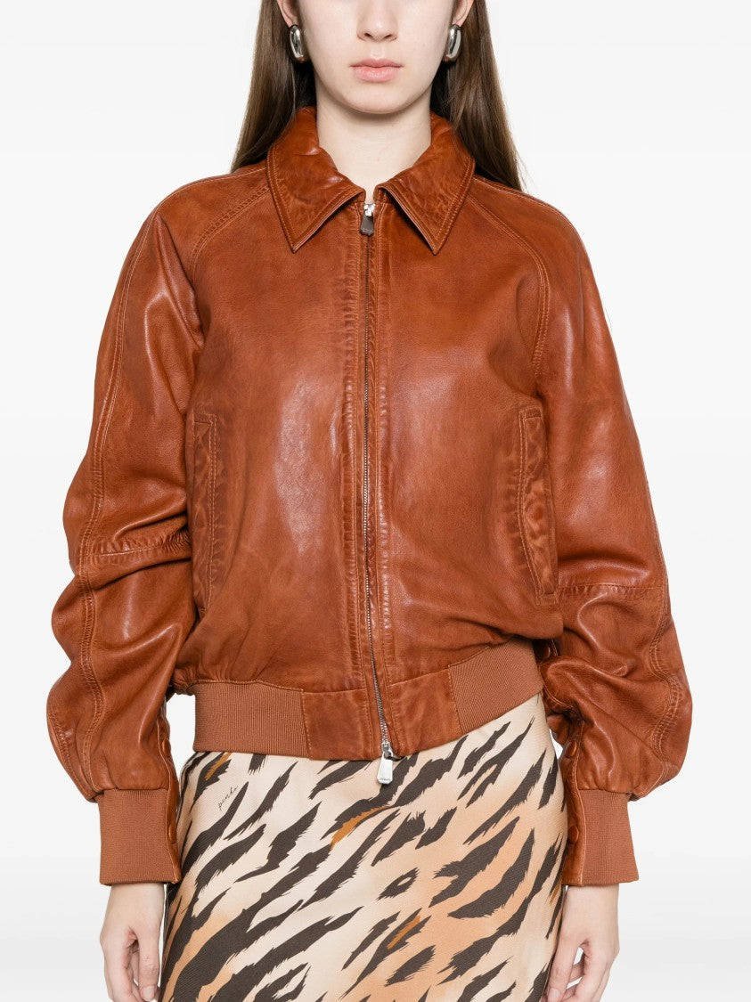 Pinko Brown Barbra Bomber Leather Jacket