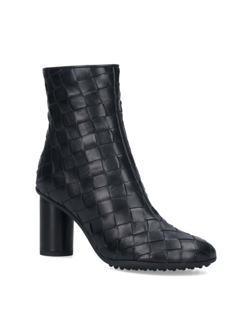 Bottega Veneta Black Braided Leather Ankle Boots With Block Heel And Rear Zip Closure