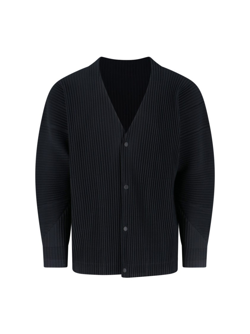 Homme Plissé Issey Miyake Pleated Black Cardigan With V-Neckline