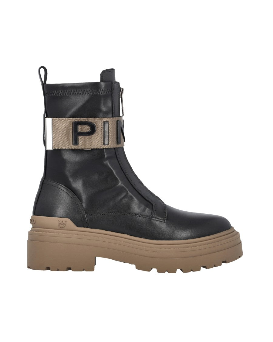 Pinko Chunky Leather Front Zip Platform Ankle Boots