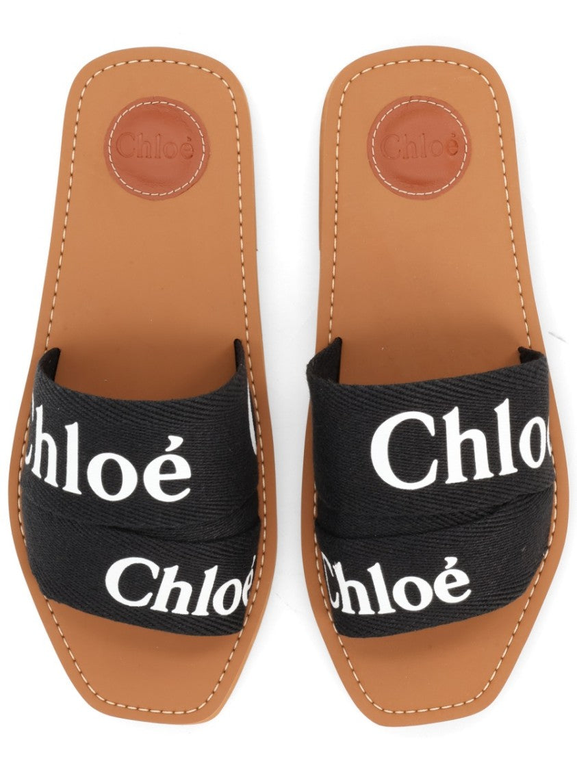 Chloé Woody Flat Logo Print Slide Sandals