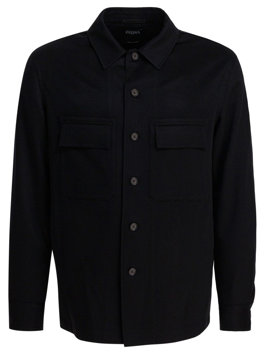 Zegna Button-Up Black Cashmere Jacket With Classic Collar