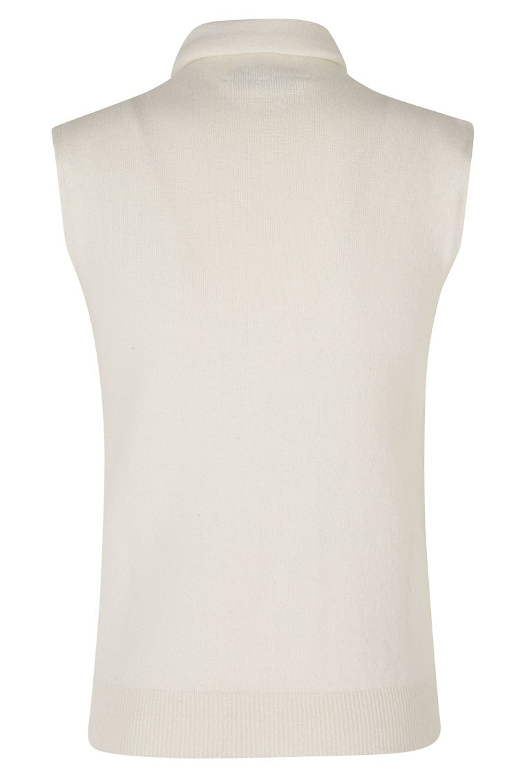 Alberta Ferretti White Ribbed Trim Removable Jewel High Neck Wool-Blend Tank Top