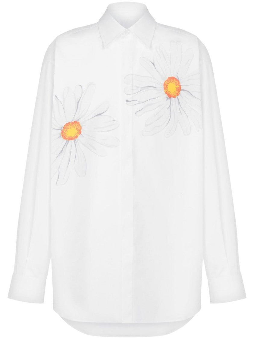 Moschino White Floral Print Poplin Long Shirt
