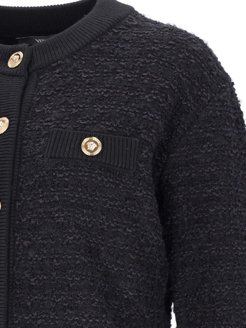 Versace Black Bouclé Tweed Crop Cardigan – Black