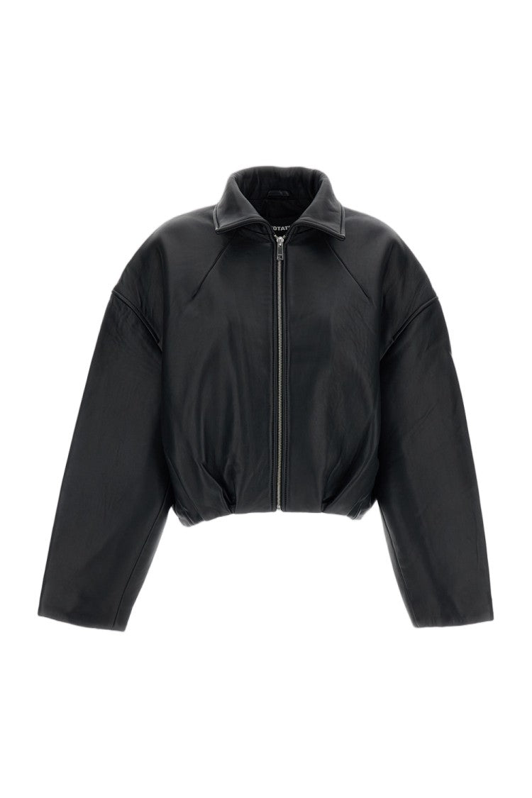 Rotate Black Boxy Cropped Zip Leather Jacket