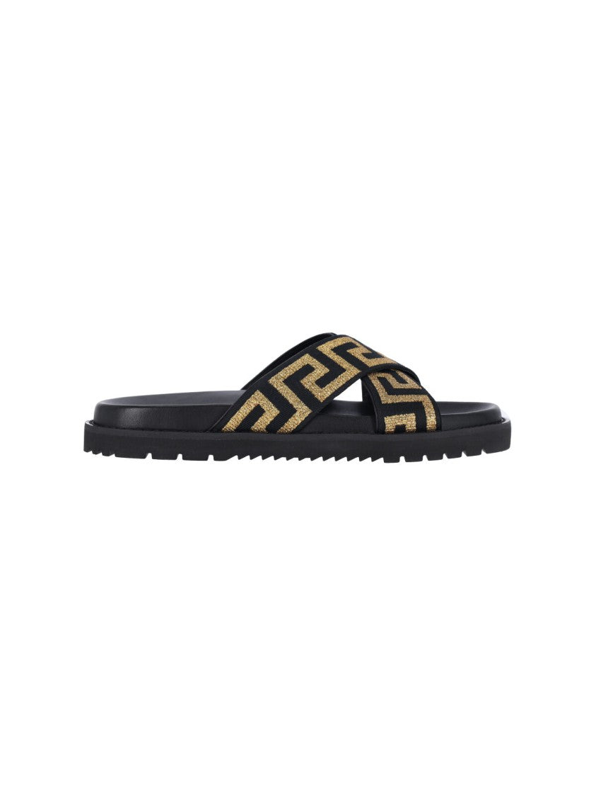 Versace Cross-Strap Slip-On Sandals With Gold Greca Motif