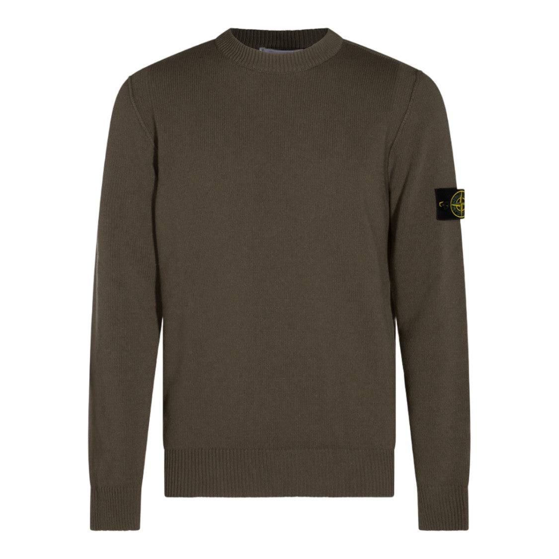 Stone Island Crew Neck Olive Knit Sweater With Compass Patch