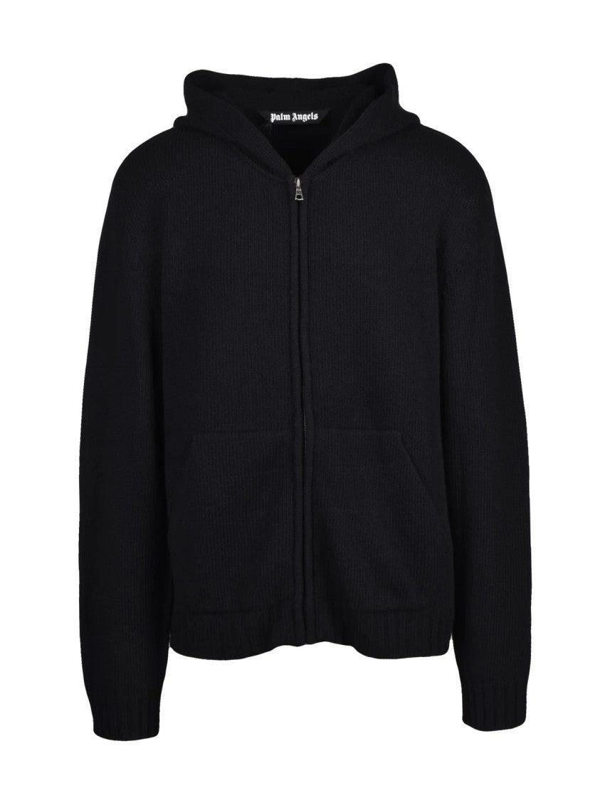 Palm Angels Black Knit Sweatshirt With Full Zipper And Hood