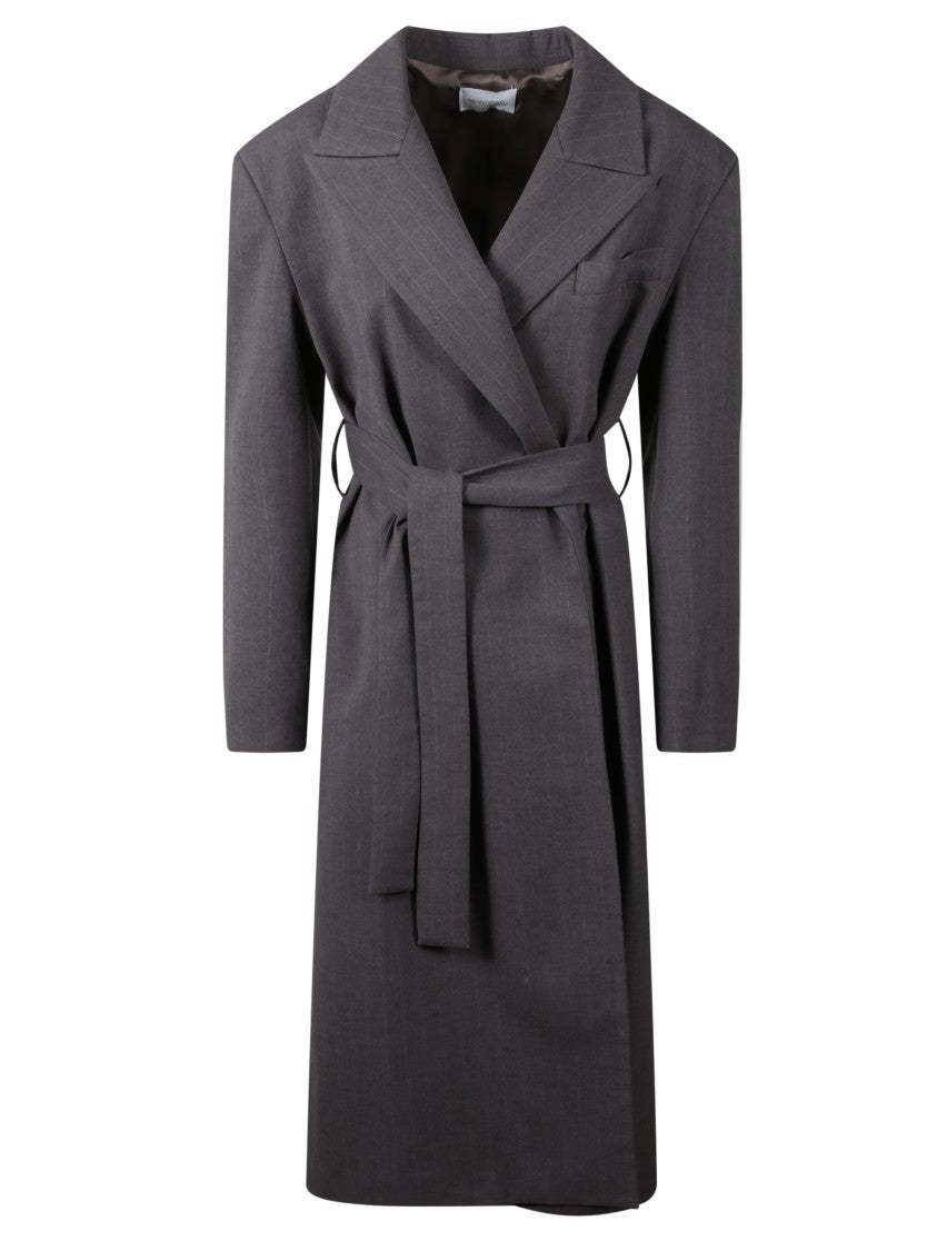 The Nina Studio Pinstripe Belted Coat With Peak Lapels And Tailored Silhouette