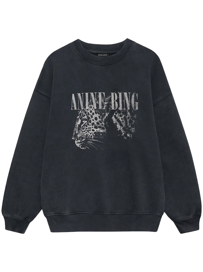 Anine Bing Relaxed-Fit Black Sweatshirt With Vintage Leopard Graphic