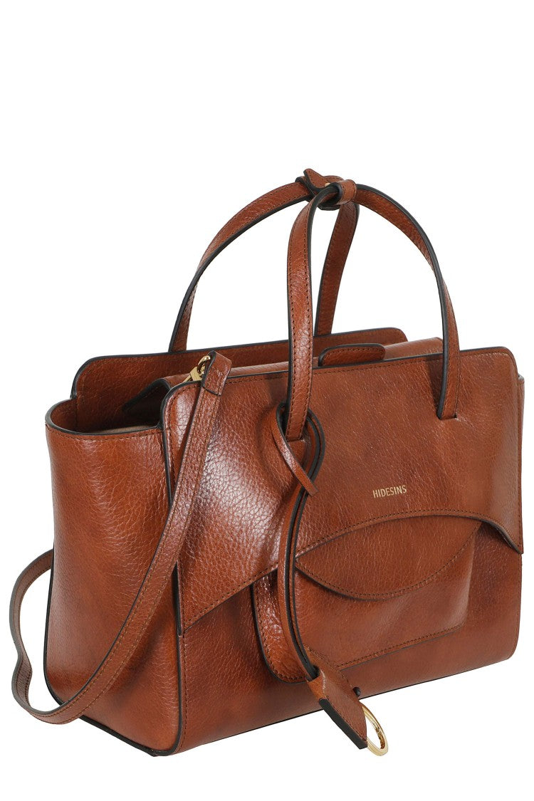 Hidesins Brown Medium Flap Gold Logo Pocket Leather Shoulder Bag