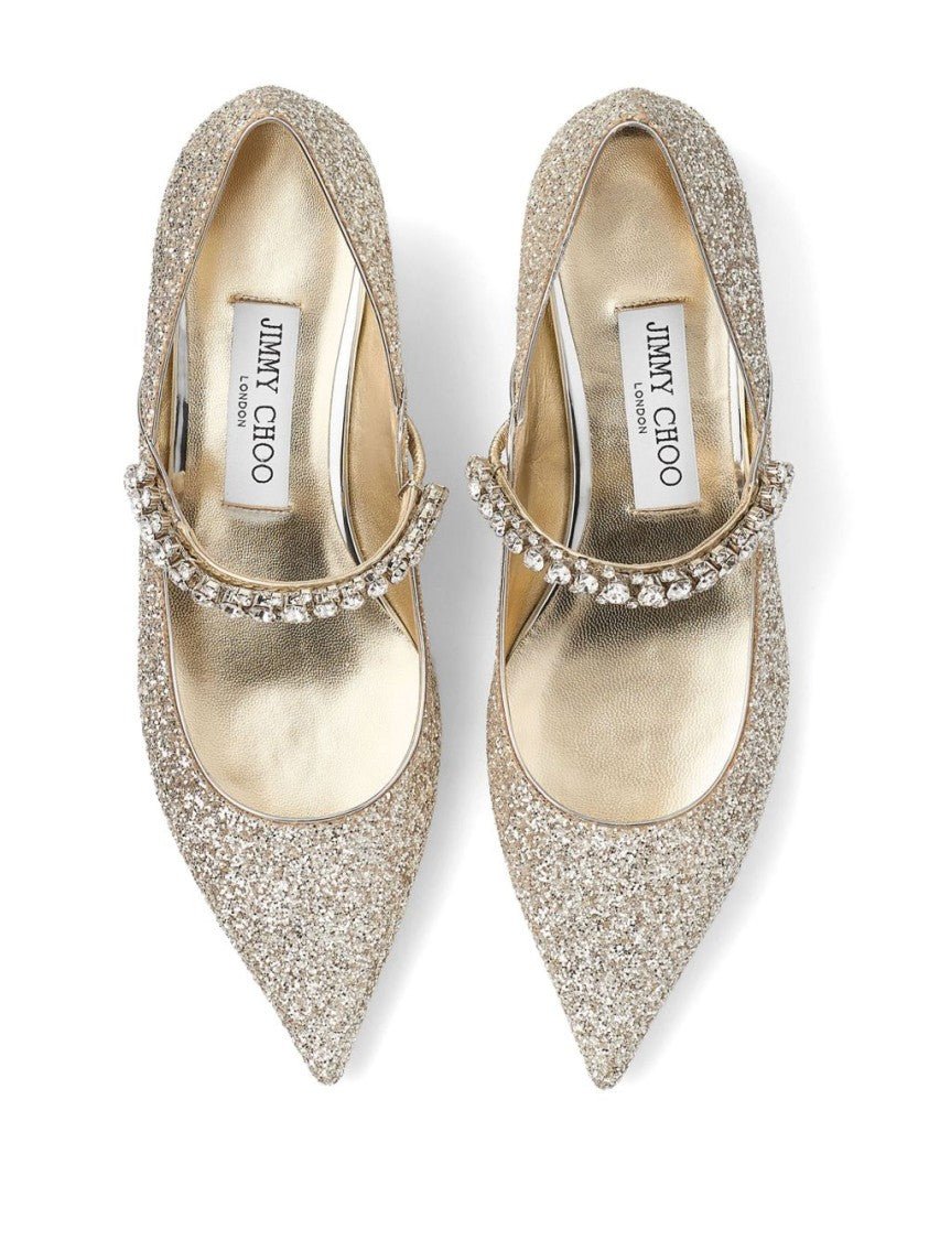 Jimmy Choo Pointed-Toe Glitter Flats With Crystal Embellished Strap