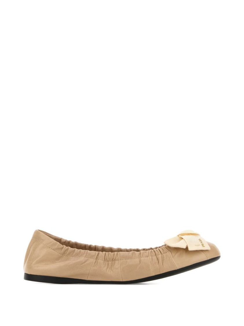 Prada Beige Sabbia Leather Curled Bow Flats