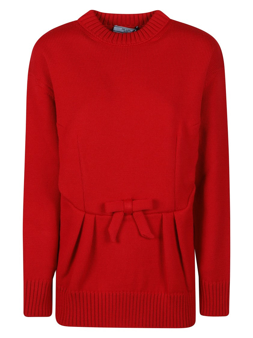 Prada Fitted Ribbed Knit Sweater With Bow Accent