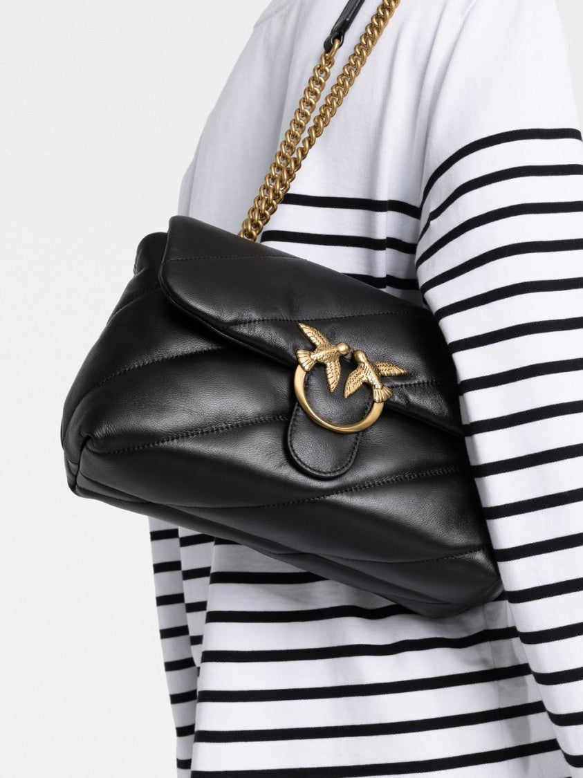 Pinko Quilted Black Shoulder Bag With Gold-Tone Chain And Bird Clasp
