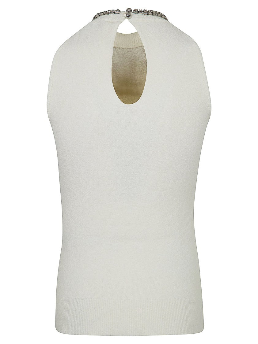 Paco Rabanne Sleeveless Off-White Top With Decorated Neckline And Cutout Detail