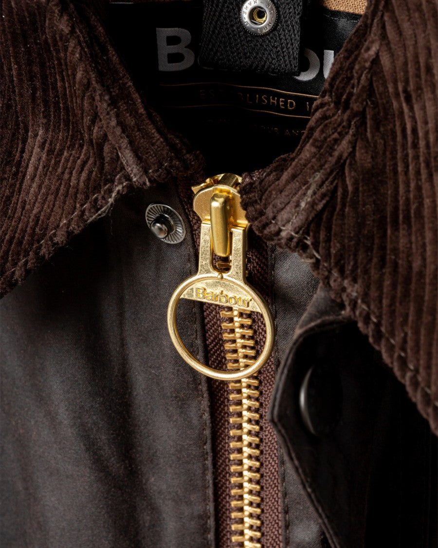 Barbour Beaufort Waxed Cotton Jacket With Corduroy Collar And Multiple Pockets