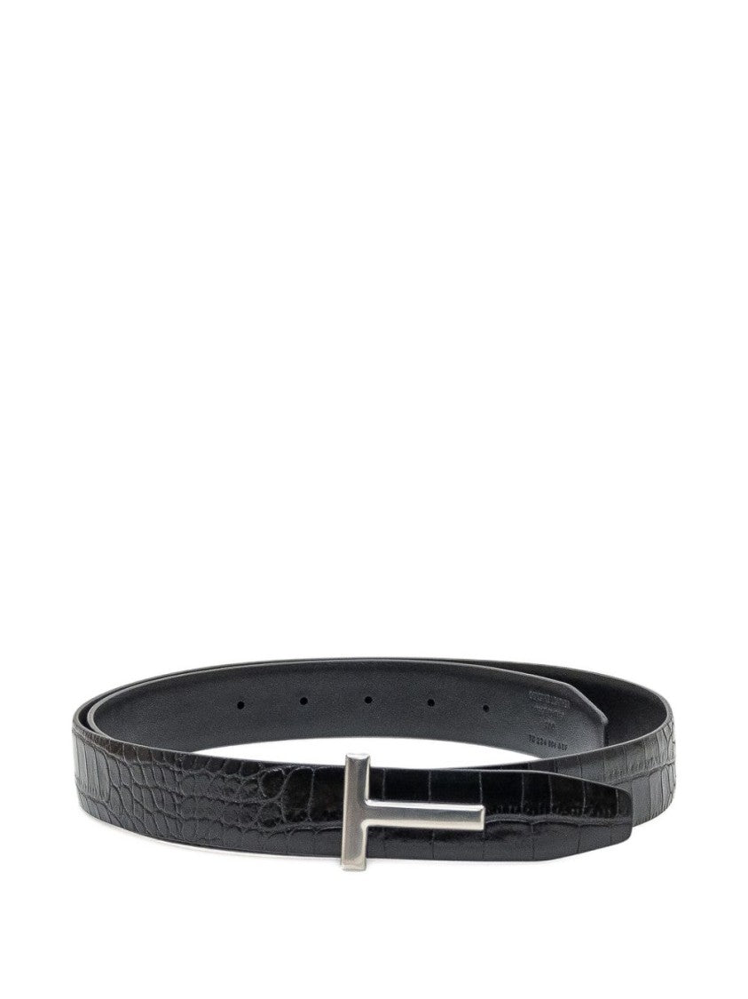 Tom Ford Glossy Crocodile-Print Calf Leather Belt With T-Buckle