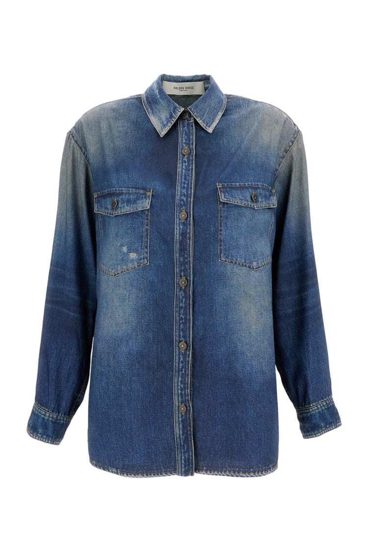 Golden Goose Casual Oversized Denim Shirt With Distressed Finish