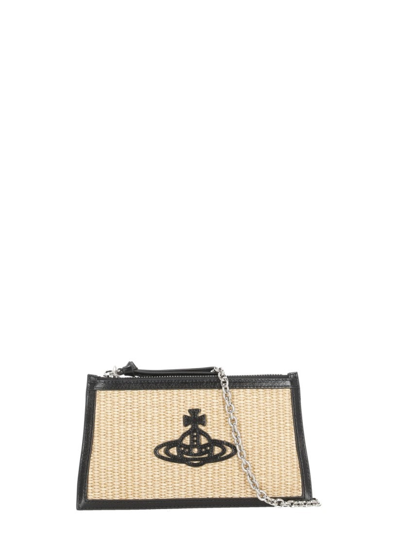 Vivienne Westwood Rectangular Raffia Pochette With Black Orb Logo
