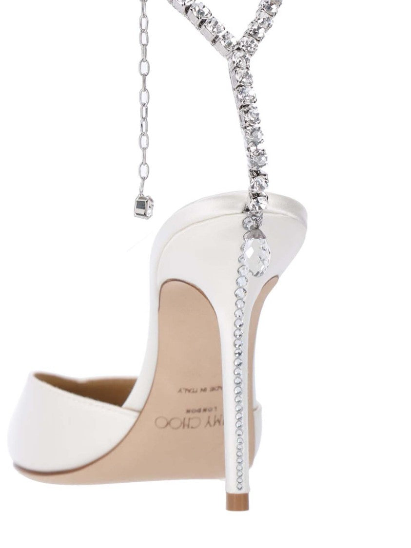 Jimmy Choo White High-Heeled Pumps With Rhinestone Ankle Strap