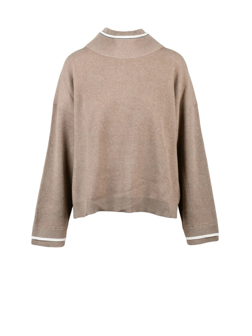 Brunello Cucinelli Beige Double Collar Ribbed Virgin Wool-Blend Sweater