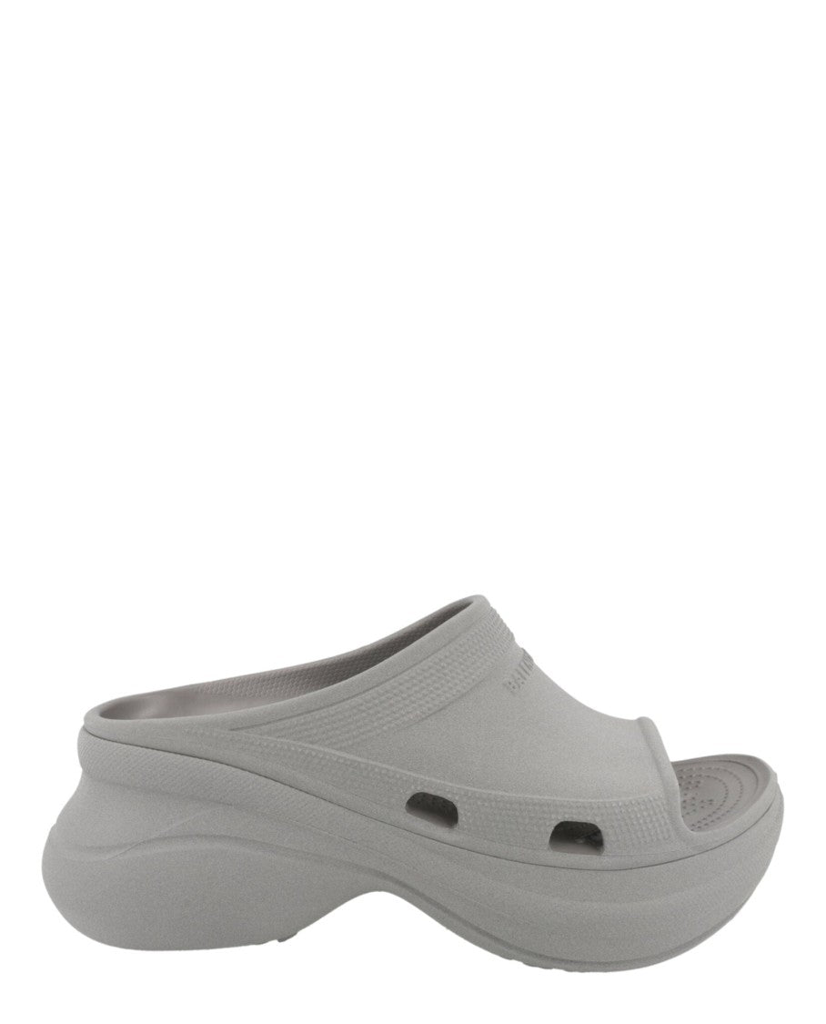 Balenciaga Debossed Logo Grey Pool Slides With Chunky Block Heel