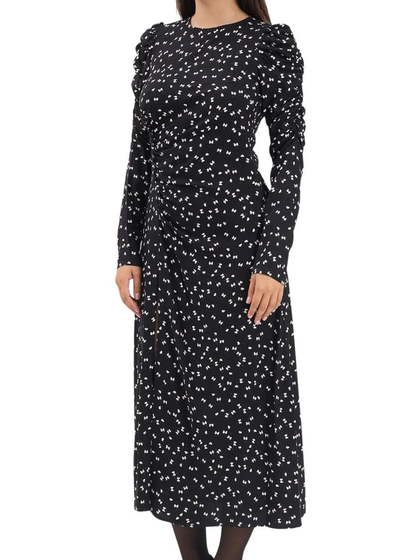 Mar De Margaritas Black Midi Dress With Gathered Sleeves And Floral Pattern