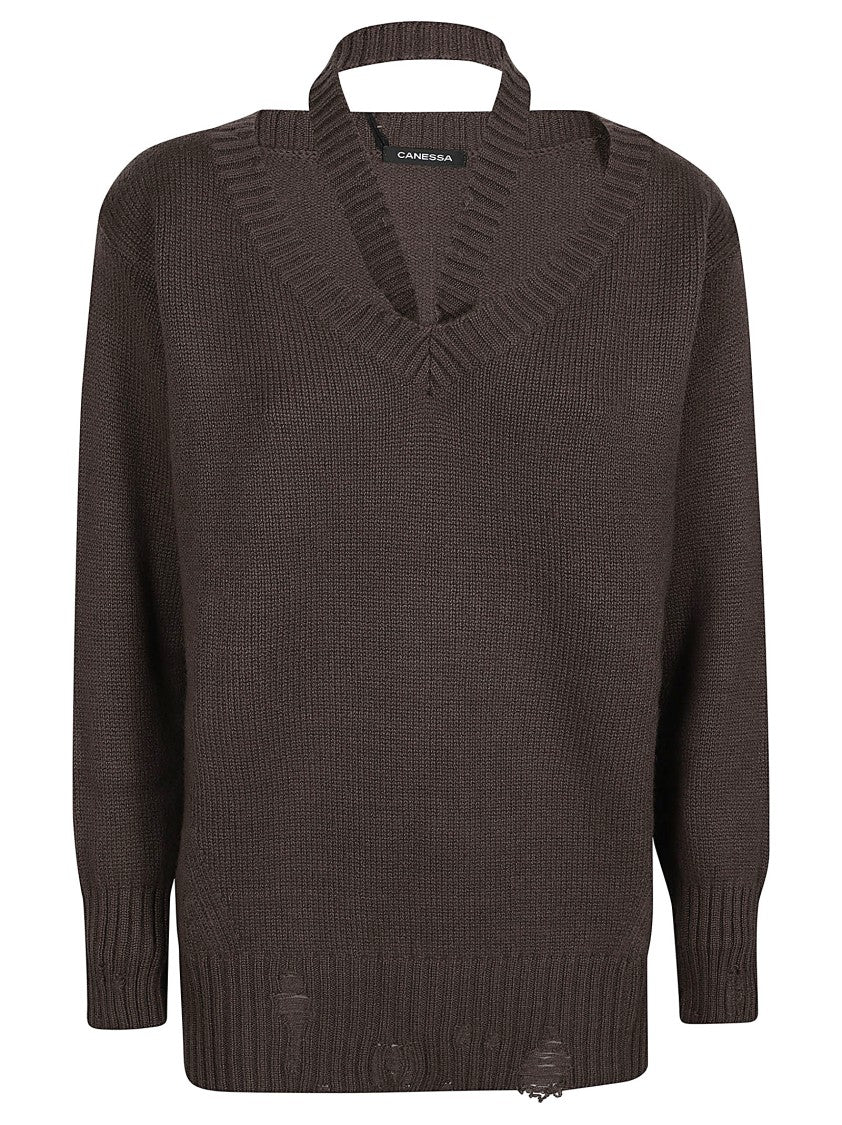 Canessa Sole V Neck Brown Cashmere Sweater