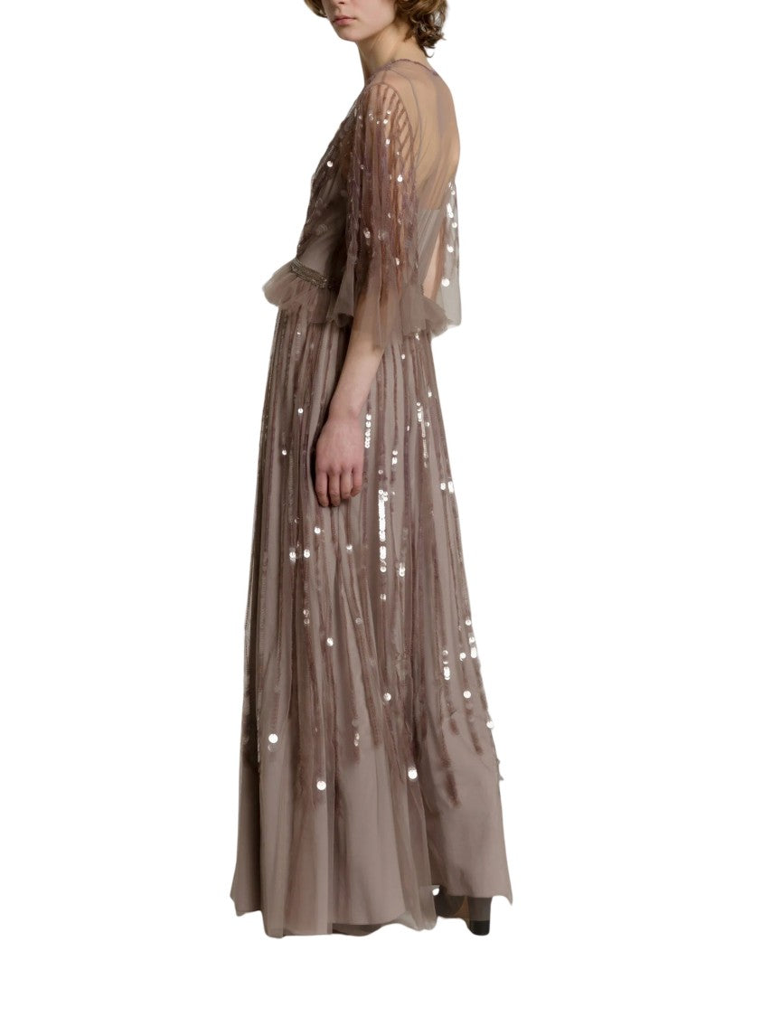 Alberta Ferretti Long Embroidered Tulle Dress With Sequined Detail