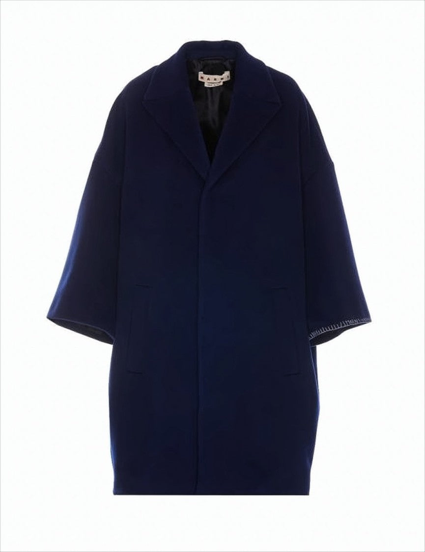 Marni Oversized Textured Navy Coat With Classic Lapel