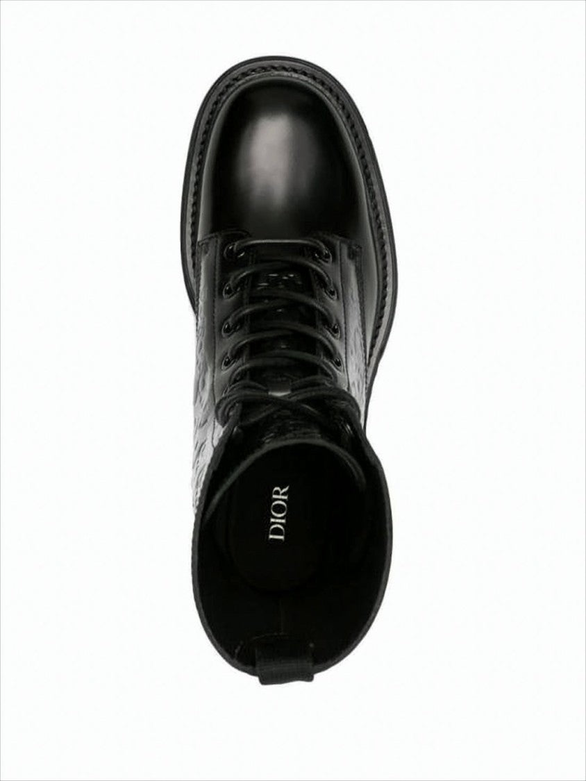 Christian Dior Black Leather Lace-Up Boots With Embossed Detailing