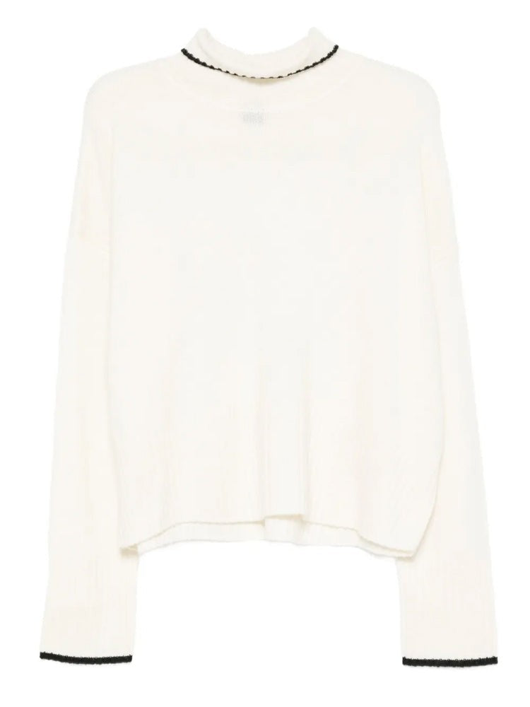 Pinko Relaxed Fit Beige Sweater With Ruffled Neckline And Trim Accents