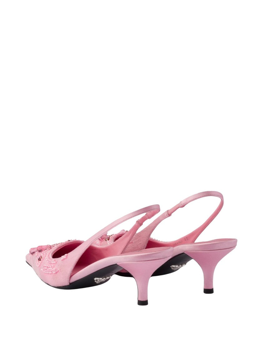 Prada Pink Decollete Embroidered Viscose-Silk Kitten Heel Pumps