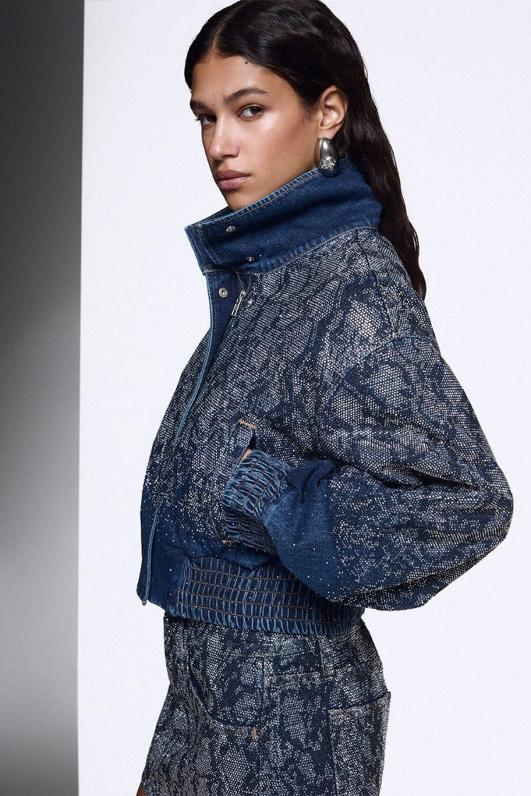 Liu Jo X Capsule 1 Elodie Dark Blue Snake-Print Cropped Denim Bomber Jacket