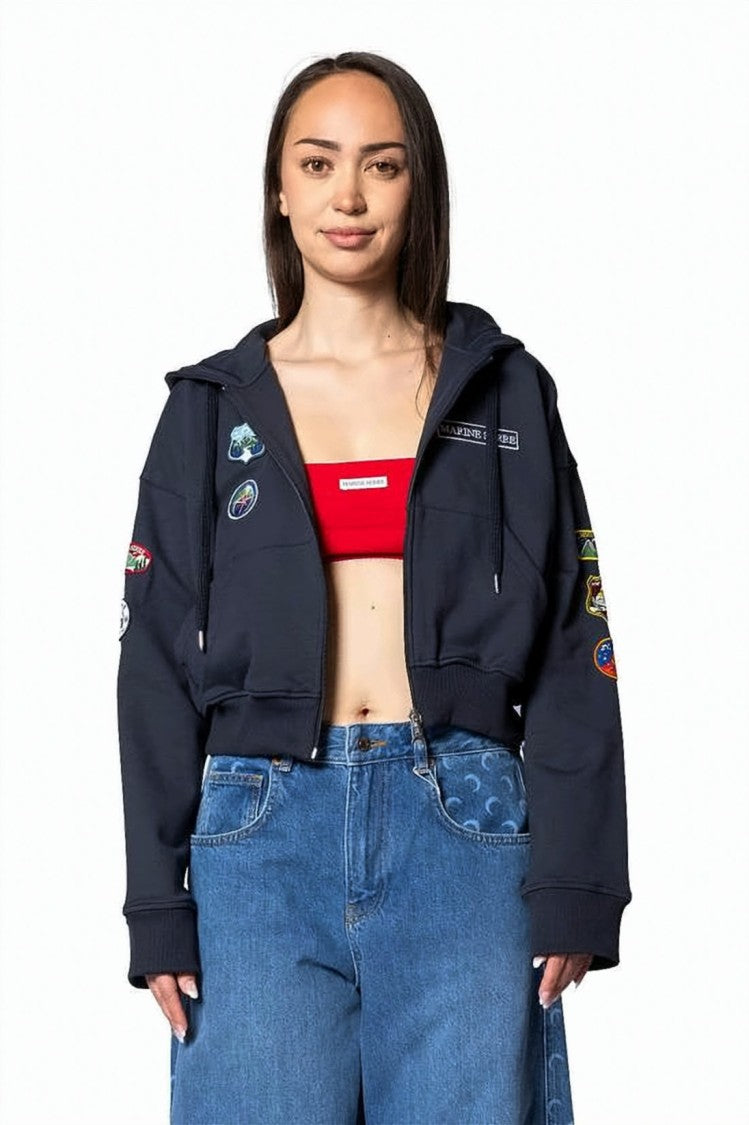Marine Serre Cropped Zip-Up Hoodie With Colorful Patches
