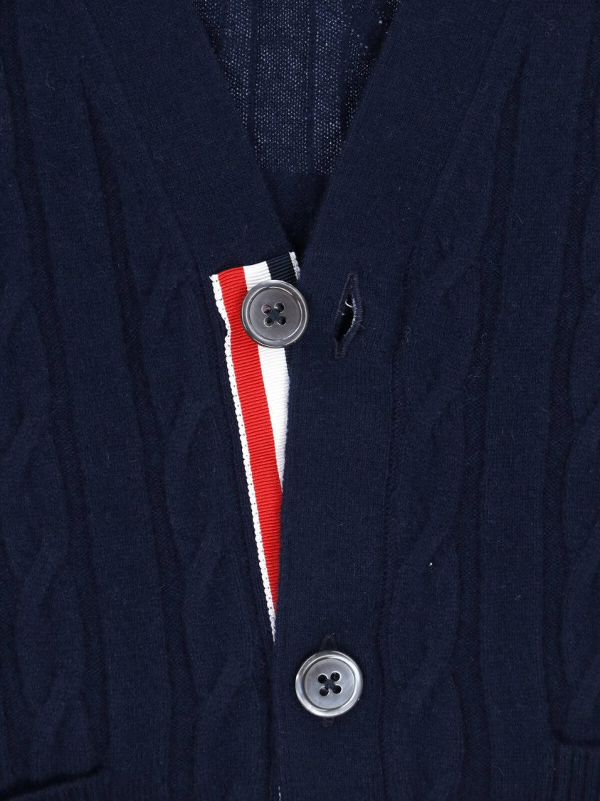 Thom Browne Blue 4-Bar Cable-Knit Cashmere V-Neck Cardigan