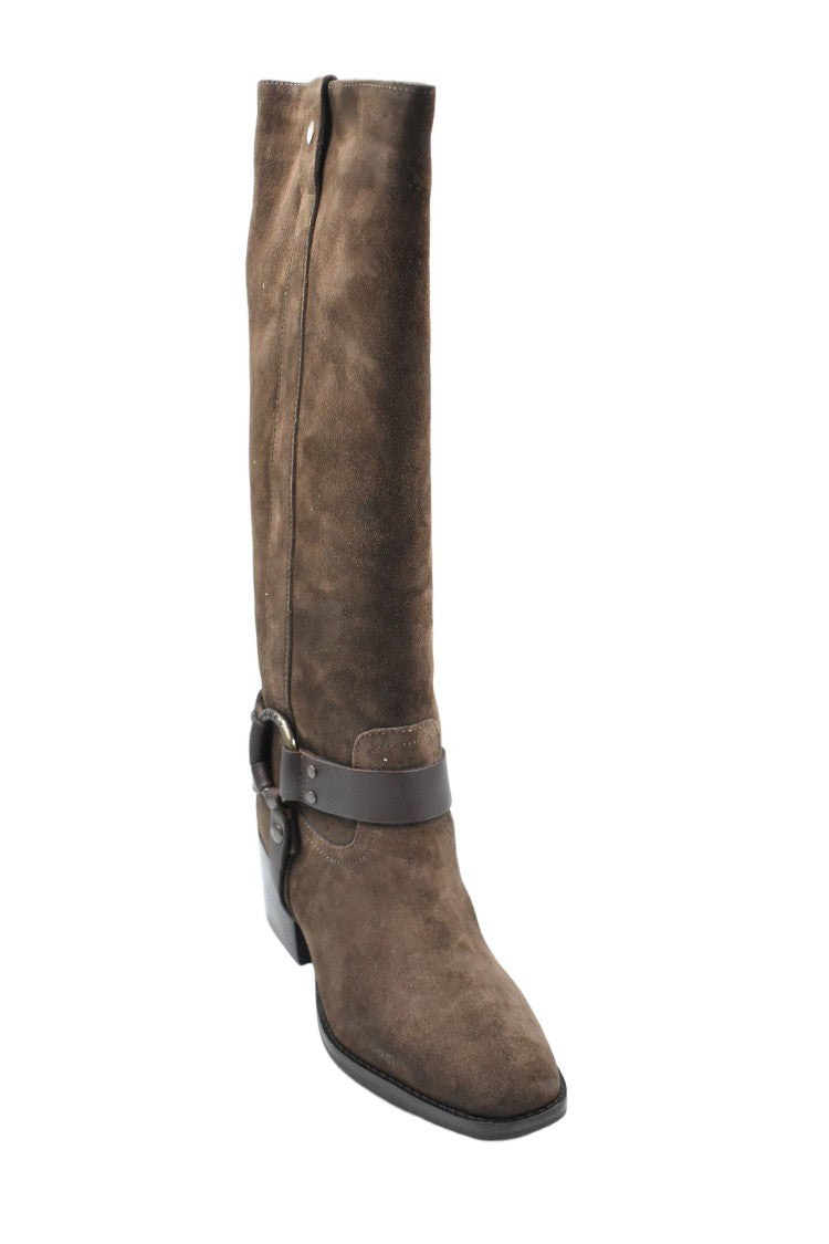 Janet & Janet Mid-Calf Suede Boots With Decorative Strap