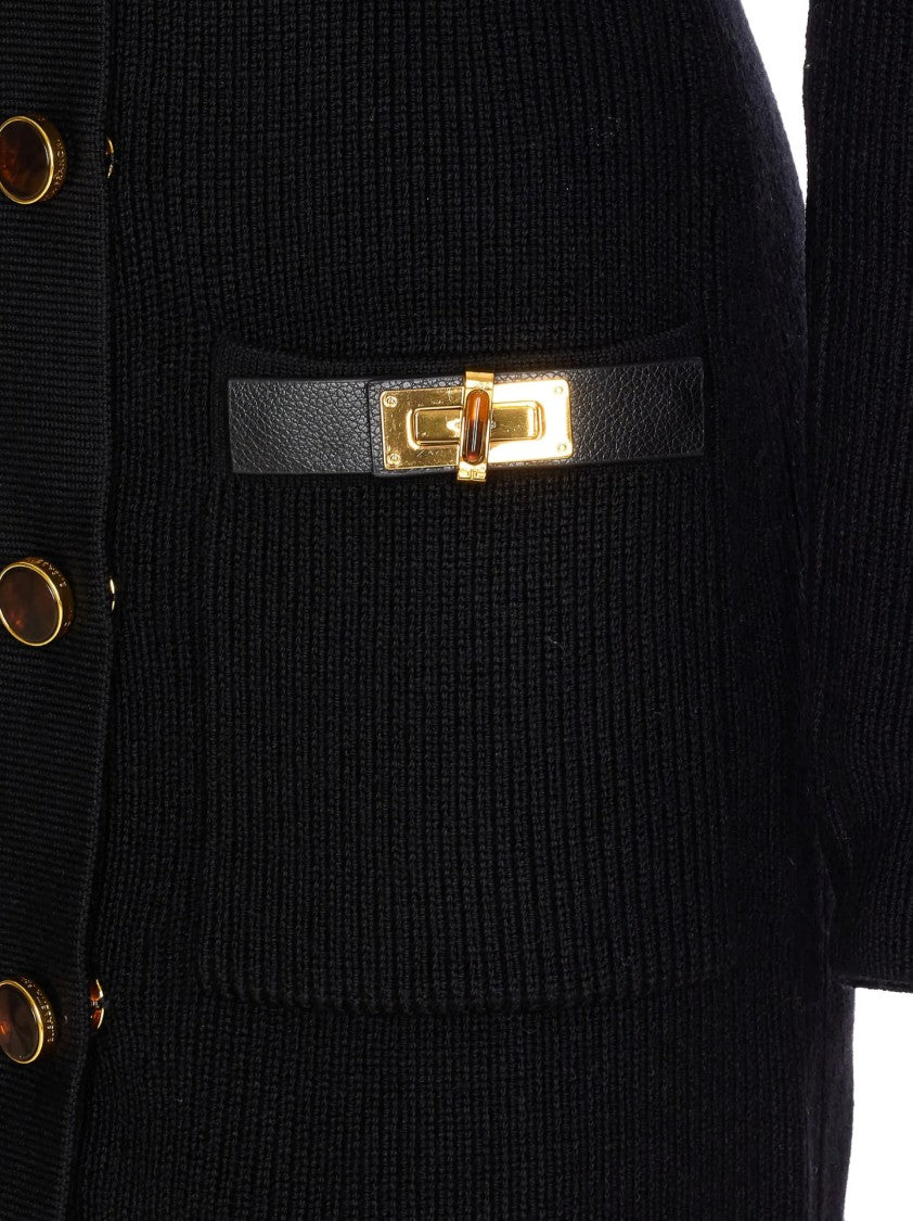 Elisabetta Franchi Textured Knit Black Midi Dress With Double-Breasted Design