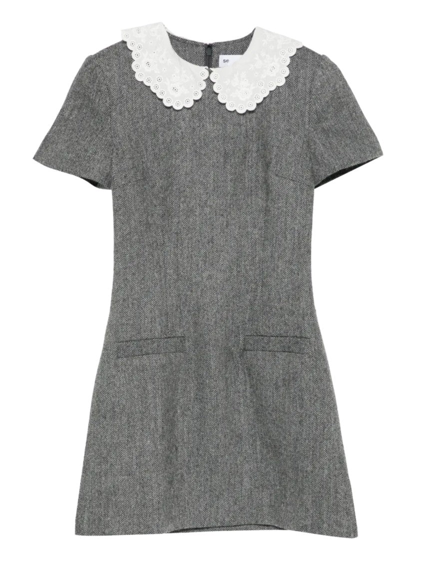 Self-Portrait Gray Scalloped Collar Wool Dress