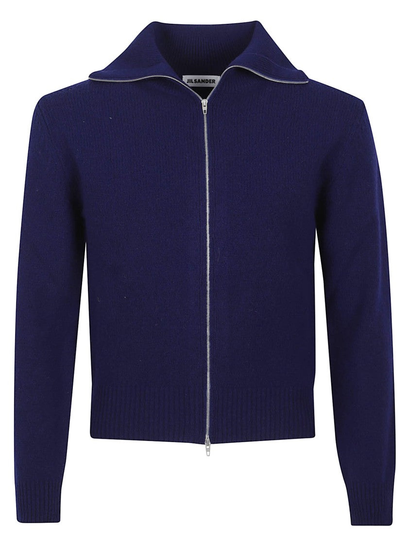 Jil Sander Deep Blue Knit Sweater With Full Front Zipper And Versatile Collar