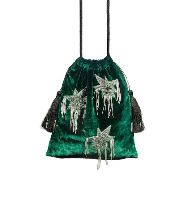 Hamoulet Small Green Velvet Drawstring Bag With Silver Embroidery