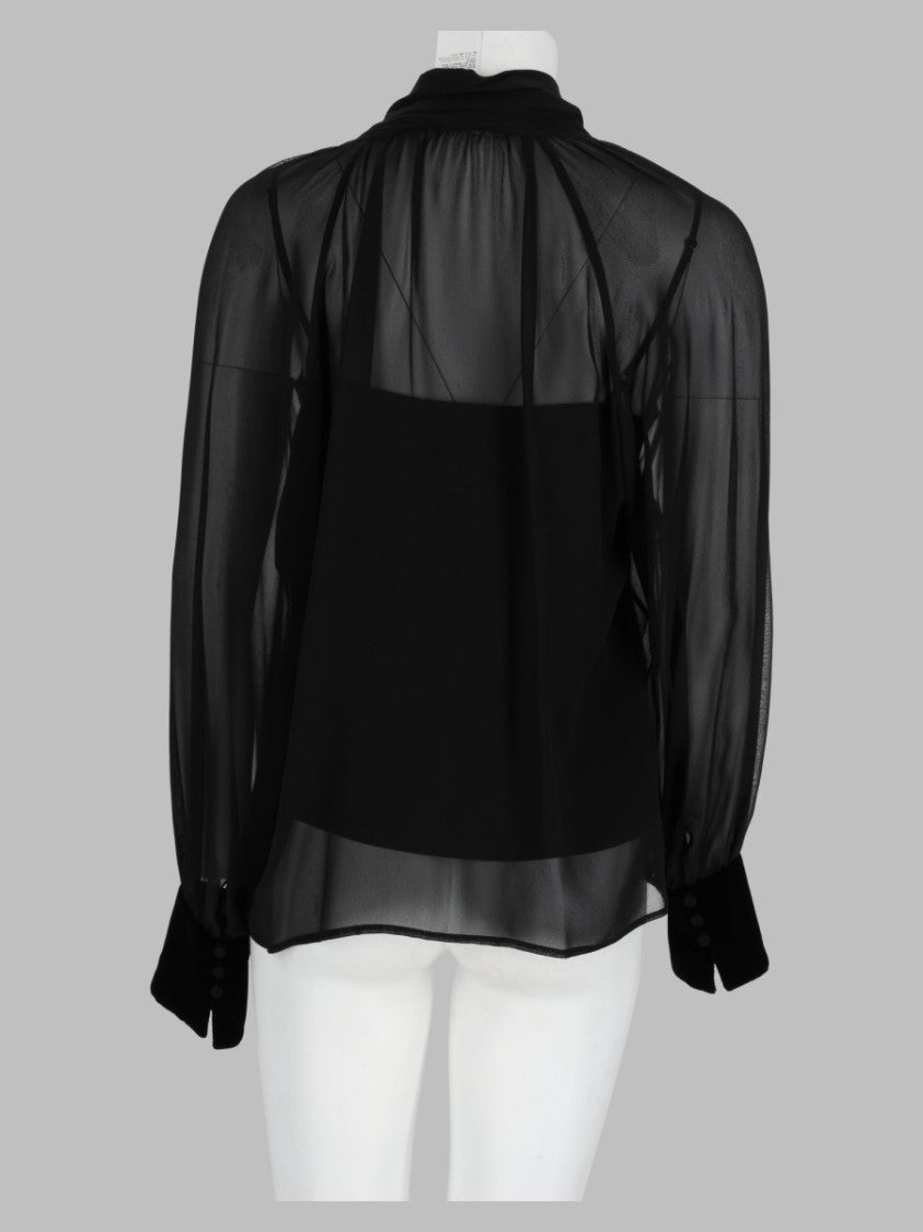 Max Mara Black Sheer Bow Tie Voluminous-Sleeve Silk Blouse